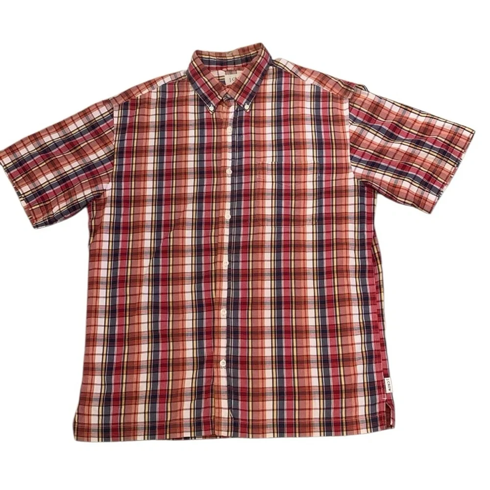 J.Crew Men’s Medium Madras Plaid Short Sleeved Button Down Shirt Red Blue Pocket